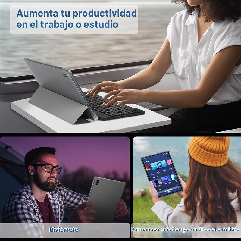 Tablet 10 Pulgadas Tablets Android, 14GB RAM+128GB ROM/TF 1TB, Octa-Core 2.0Ghz, 5G WiFi, BT 5.0, 3.5mm Audio, Batería 8000mAh, Cámara 5+8 MP, Widevine L1, Tablet con Funda, Ratón & Teclado - Gris