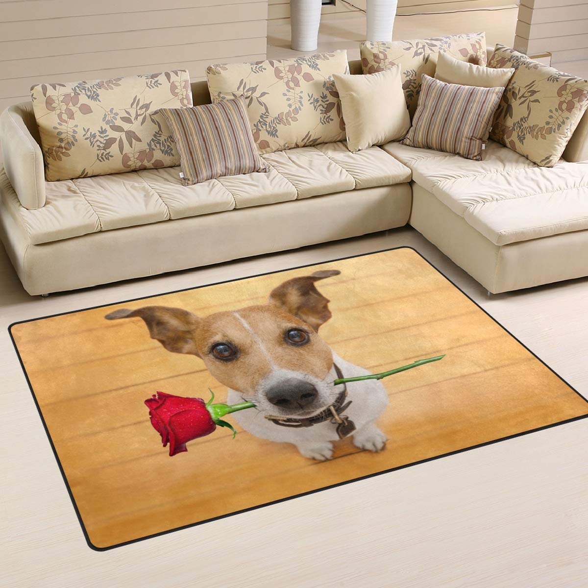 Moyyo Jack Russell Dog with Rose Floor Mat Non Slip Rug Mat Area Mat Floor Rug Mat Washable Bedside Rugs Floor Mats Carpet for Living Room Bedroom Kitchen Dorm Sofa Floor Decor 31 x 20 in