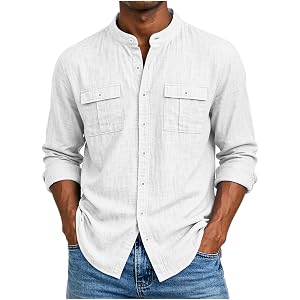 Mens Cotton Linen Top Long Sleeve Button Down Shirt | Button Front, Chest Pockets, Curved Hem, Beach Shirt, Resort Wear, Cool