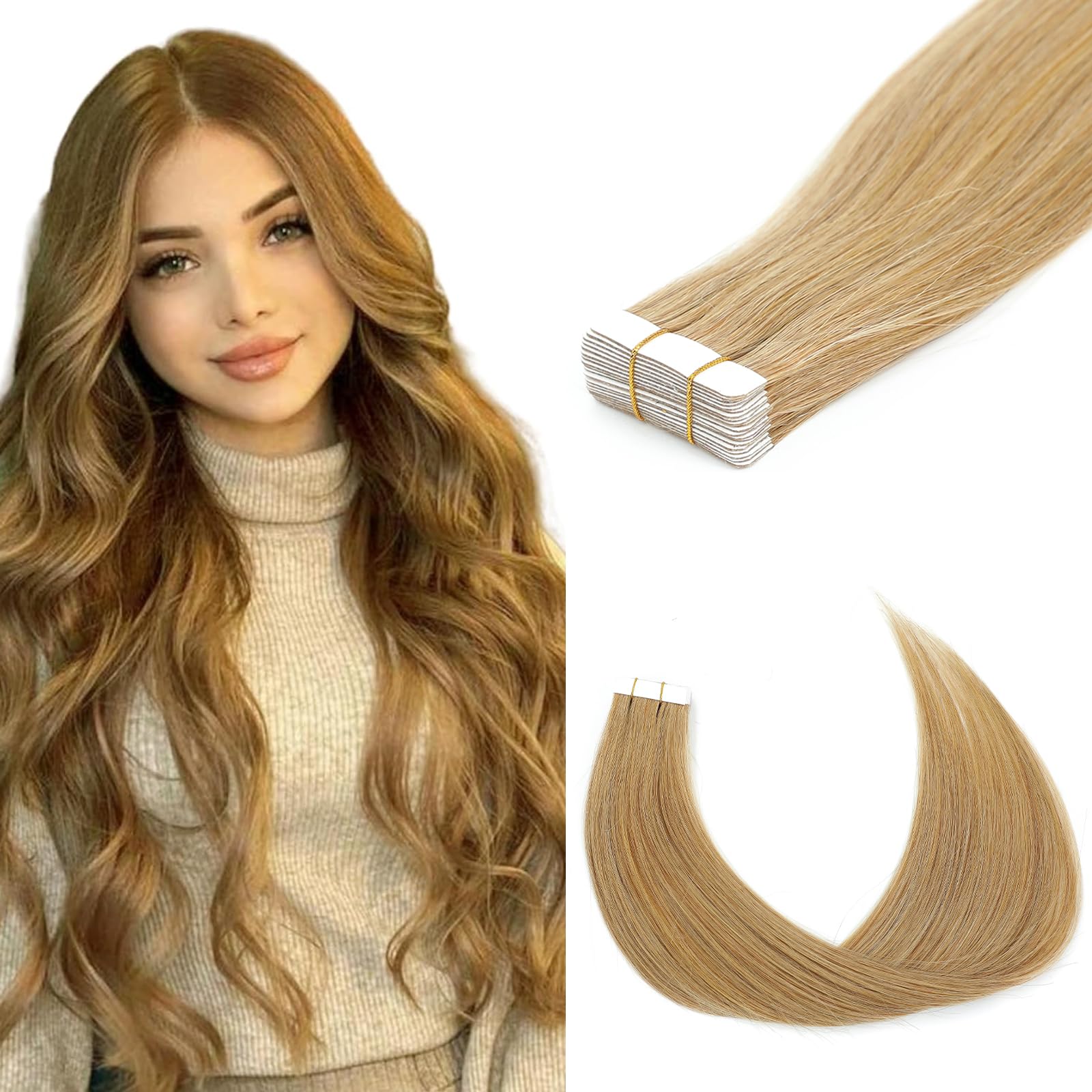 20 Inch 27# Middle Blonde Tape in Hair Extensions Human Hair Seamless Skin Weft Remy Hair Extensions Invisible Straight Tape in HairExtension Human Hair 20pcs — image 1