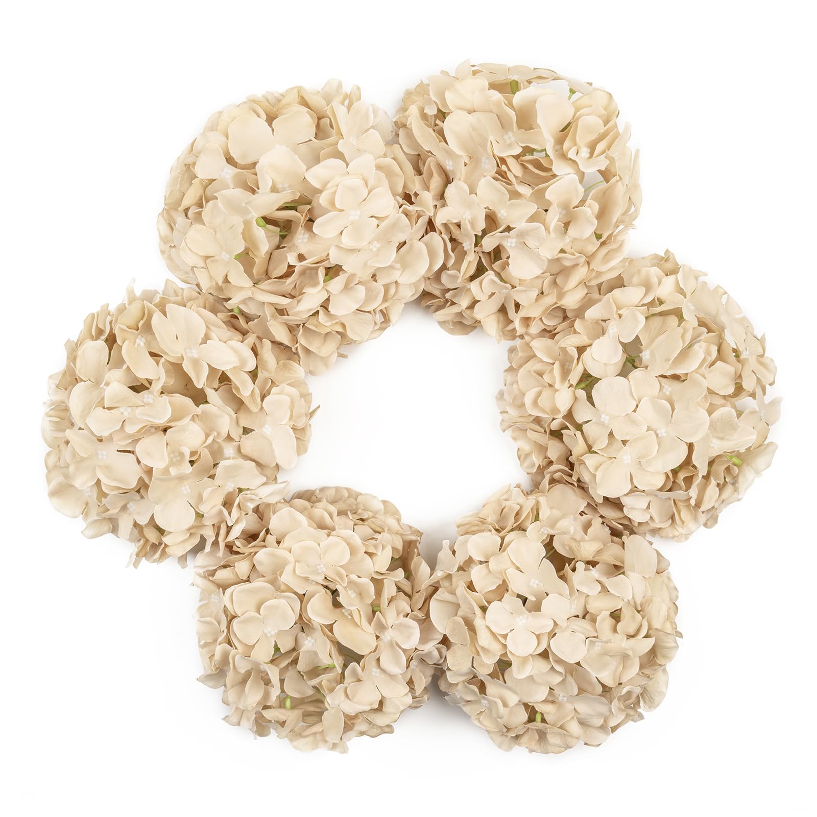 DuHouse 8.7" Silk Hydrangea Flower Heads with Stems Fake Hydrangeas Flowers for DIY Wedding Centerpiece Home Decor, Pack of 6(Sand)