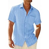 Runcati Mens Button Down Shirts Casual Short Sleeve Shirt Textured Linen Summer Beach Tops with Pocket