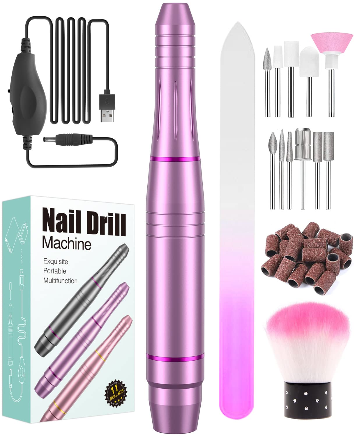 Electric Nail File, Nail Drill for Acrylic Nails Gel, Electric Nail Drill Professional 20000 RPM, 11 Drill Bits, Adjustable Speed Electric Manicure Pedicure Set for Nail Beginner Women Girl