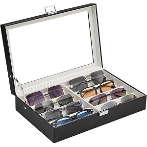 ProCase 8/16 Slots Sunglasses Organizer Box with Clear Glass Lid & Lock, PU Glasses Storage Display Case with Tilted Dividers