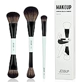 Jessup Face Makeup Brushes Blue 3pcs Double Ended Makeup Brush for Foundation Contour Blush Highlight and Concealer Brush, Premium Synthetic Brush Set T503