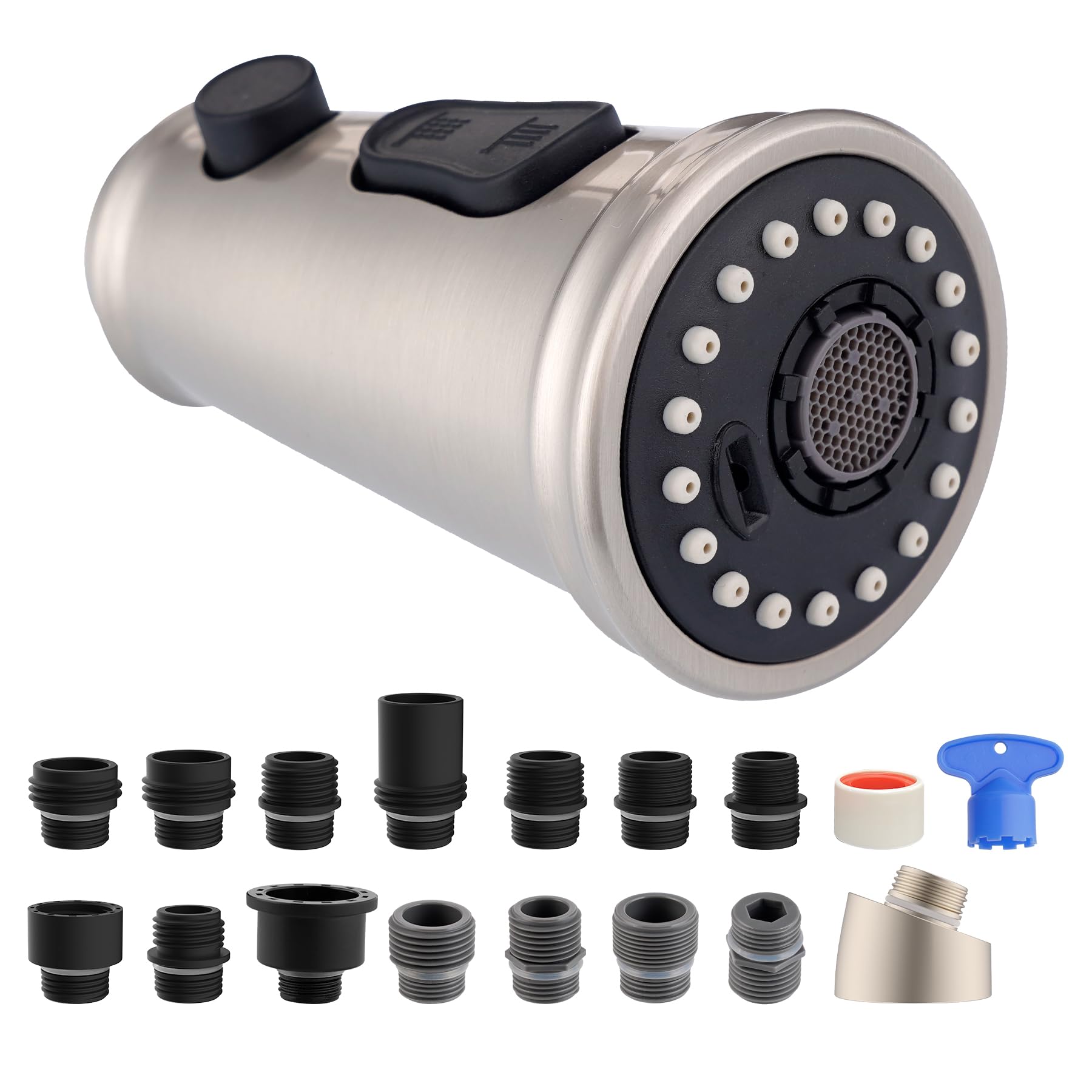 Photo 1 of Hibbent Pull Down Kitchen Faucet Head Replacement, 3-Function Sink Sprayer Head Nozzle with 15 Adapters, Compatible with Moen, American Standard, Delta, Kohler Faucets-Brushed Nickel