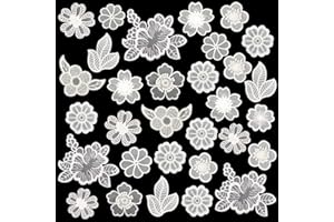 GEOGEODIY 30 PCS Lace Flowers Applique Embroidery Flowers Leaf Sew Iron On Patch, Organza Patches Flowers Applique for Wedding Bridal Dress Sewing Craft DIY Clothes Hair Ornaments (White)