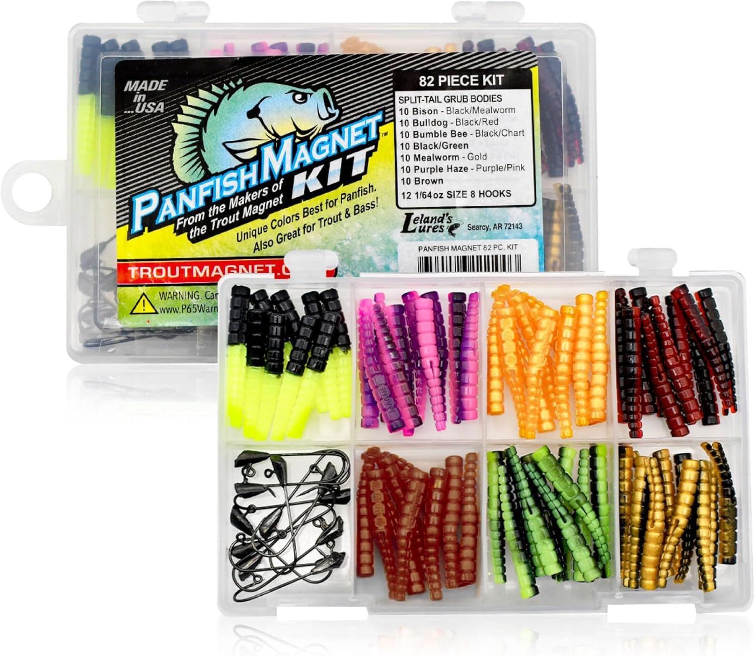 Photo 1 of Trout Magnet 82 Piece Panfish Magnet Kit, with A Longer Shad Dart Hook, Includes 70 Split Tail Grub Bodies, 12 Black Size 8 Mustad Hooks, Catches All Types of Fish