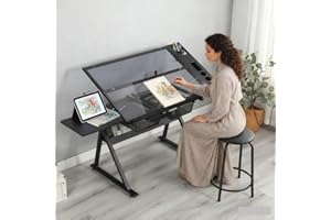 Roockky Drafting Table, 0-75° Tilting Glass Tabletop Drawing Table with Stool - Adjustable Height Art Desk with Multi-Storage for Sketching and Painting - Perfect for Artists and Hobbyists, Black