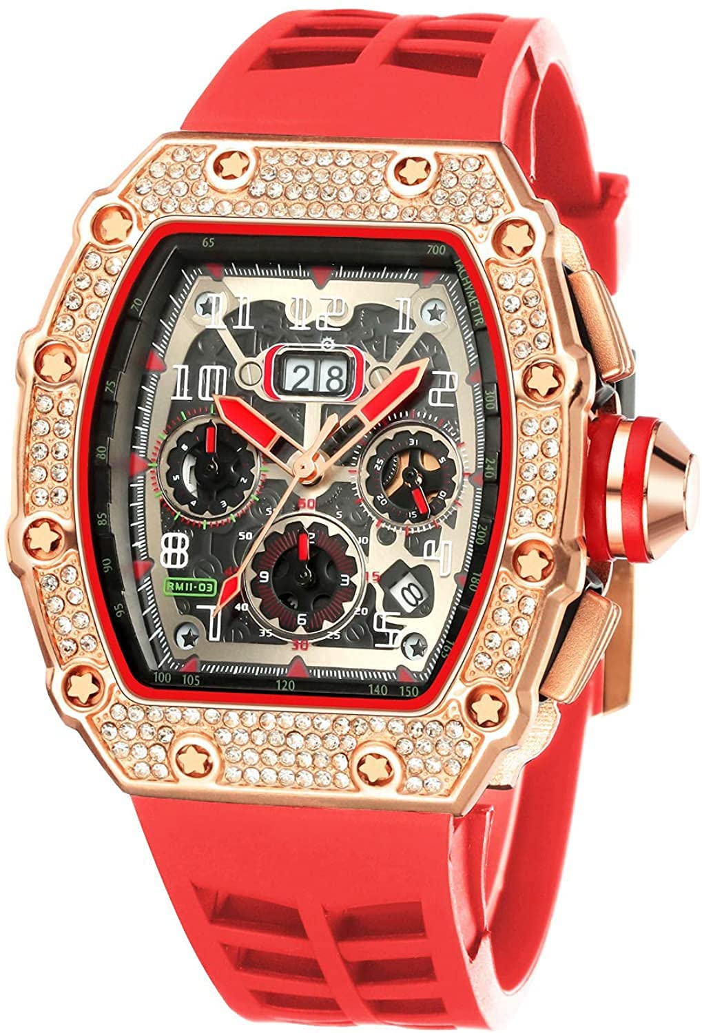 Mens Bling Punk Diamond Chronograph Watches Fashion Style Silicone Band Sports Wrist Watch, Red Rose, Chronograph