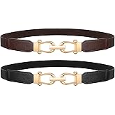 LEACOOLKEY 2 Pack Women Skinny Stretch Belts for Dress Ladies Elastic Thin Waist Belt with Gold Buckle