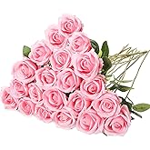 Hotop 20 Pcs Artificial Rose Flowers with Long Stem,Real Touch Silk Realistic Plastic Bouquet Roses Bulk for Home Decor Bridal Wedding Party Table Centerpieces Decorations(Pink)