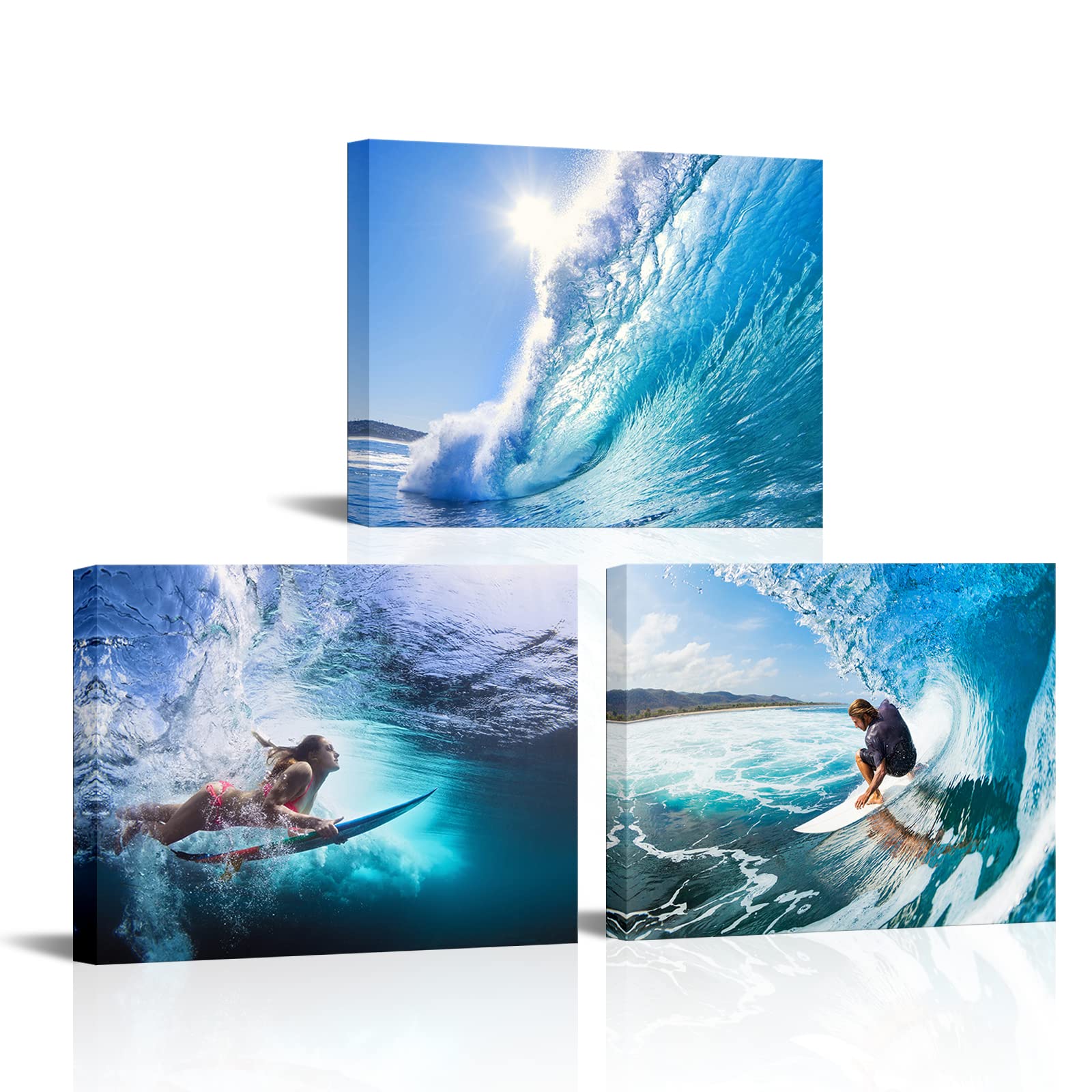 Artsbay Ocean Wall Art Surfing Painting Teal Surf Wall Decor for Bathroom Bedroom Living Room 16" W x 12" H x 3PCS