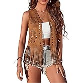 Women's Fringe Vests Vintage Cowgirl 70s Hippie Sleeveless Tassel Faux Suede Waistcoat Hollow Out Western Jacket