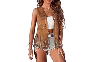 Aopwsrlyi Women's Fringe Vest 70s Hippie Costume Sleeveless Cowgirl Western Faux Suede Vest Fringe Jacket Outerwear