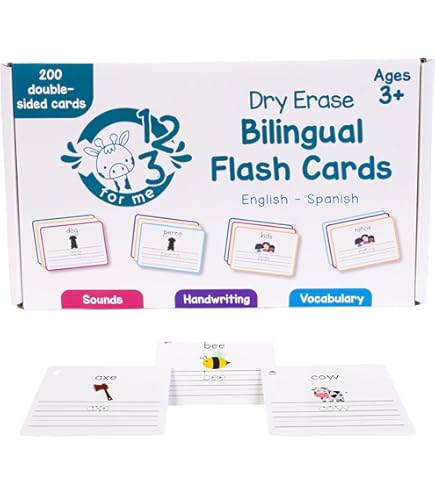Channie's Spanish/English Flash Cards - 50 Dry Erase Cards For Kids, Visual Learning Pre-K To 5th Grade