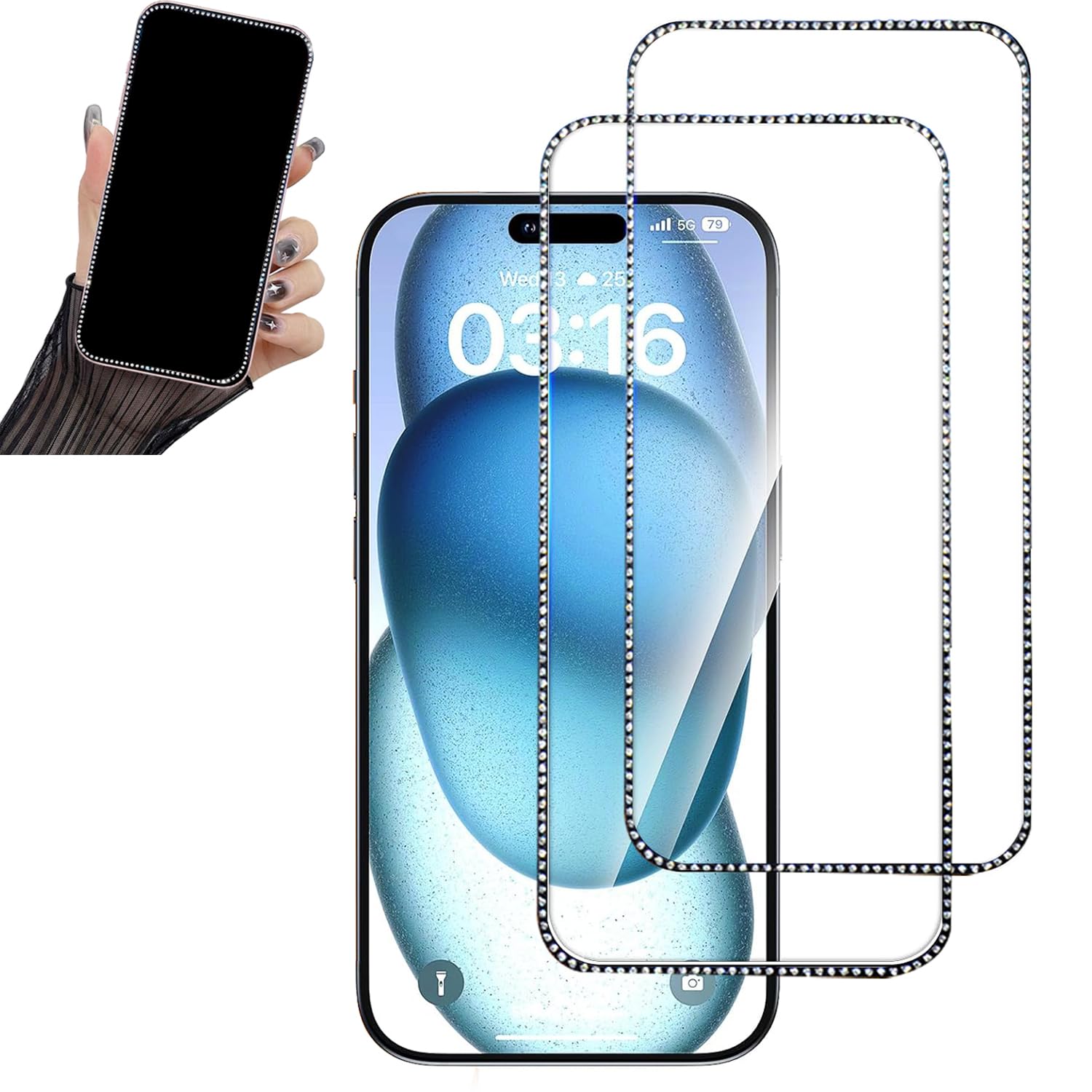 WIRIXSYD 2PCS Glitter Screen Protector suit for iPhone 15 Pro,Diamond Bling Shiny Sparkling Tempered Glass Suit for iPhone 15 Pro 6.1Inch