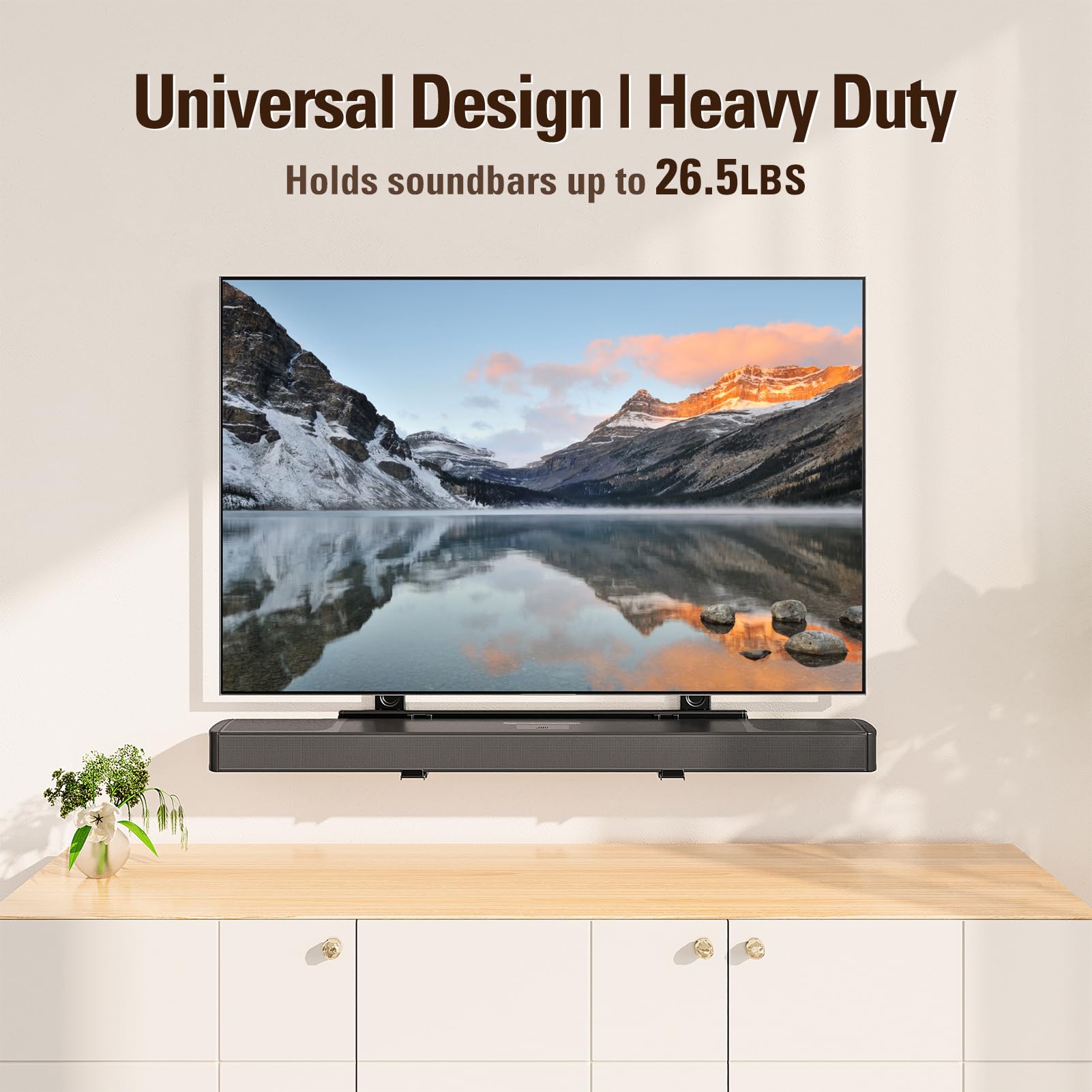 Mounting Dream Soundbar Mount, Heavy Duty Soundbar Wall Mount for Most Sound Bars With Hole/Without Hole Up to 26.5 LBS, Soundbar Bracket Height Adjust, No-Slip Base Holder Extends 3.44”-6.06”, MD5428