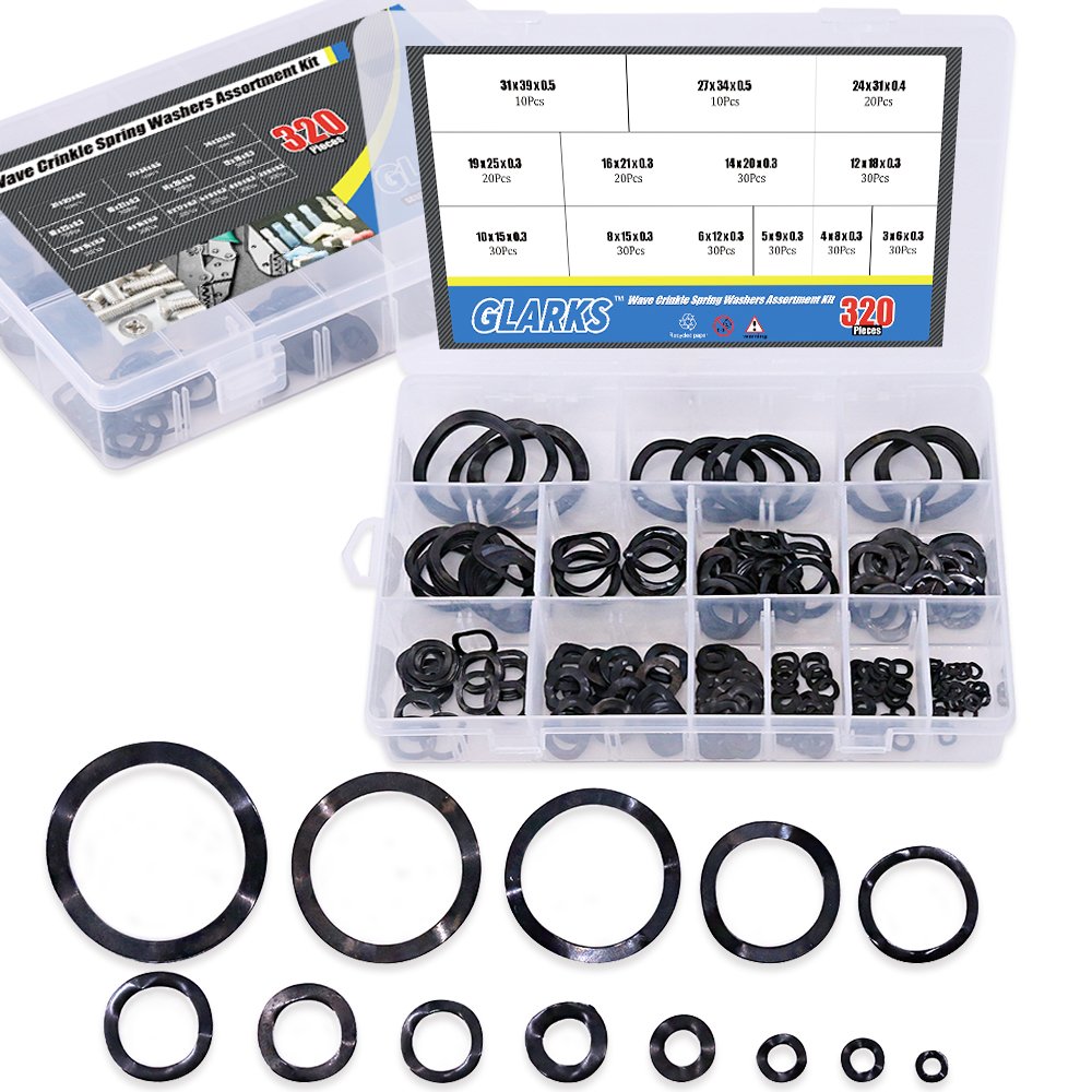 Glarks 320Pcs Carbon Steel Compression Type Wavy Wave Crinkle Spring Washers Assortment Kit