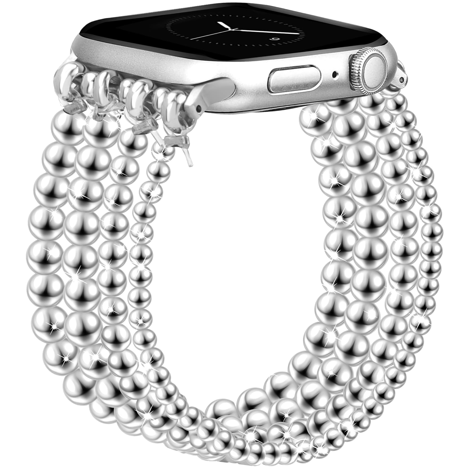 Photo 1 of JR.DM Silver Beaded Bracelet Women Compatible with Apple Watch Bands 40mm 42mm 41mm 44mm 38mm 45mm 46mm Dressy Cute Stretchy Elastic Jewelry Strap Replacement for iWatch Series 10/9/8/7/6/5/4/3/2/1/SE