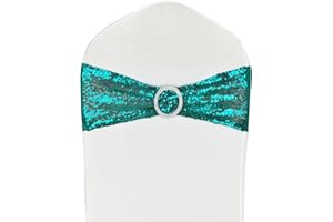 LIZIMI Chair Sashes Sequin Stretch Chair Bands Spandex Polyester Bows for Party Hotel Wedding Banquets Decoration - 6 Pcs Teal