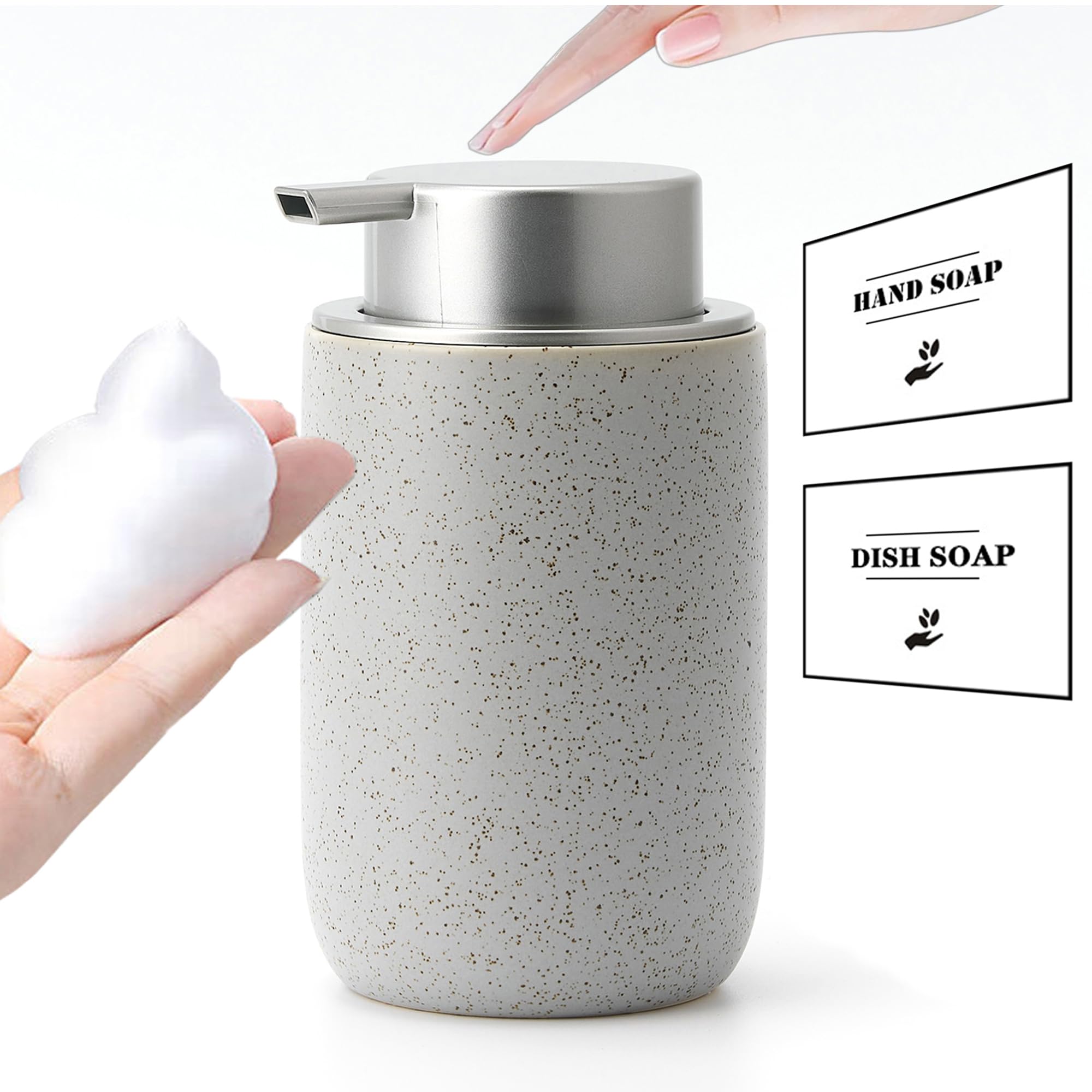 GIRLUFO Gray Foaming Soap Dispenser,Kitchen Soap Dispenser with Plastic Silver Soap Pump,Ceramic Foam Soap Dispenser for Bathroom,12OZ Refillable Soap Dispenser for Sanitizer,Hand Wash