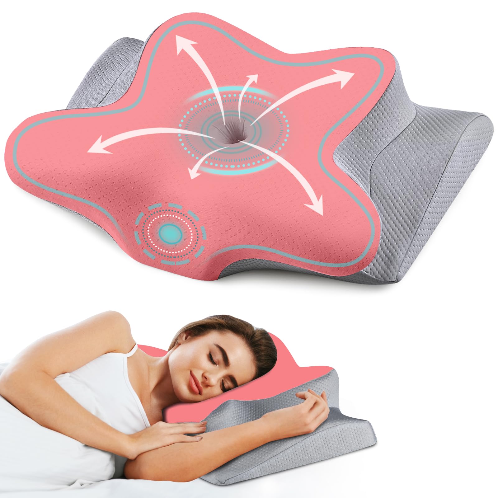 Cervical Neck Pillow for Pain Relief - Ergonomic Side Sleeper Pillow for Neck Support, Cooling Cervical Pillow for Sleeping, Contour Orthopedic Memory Foam Pillows (Pink)