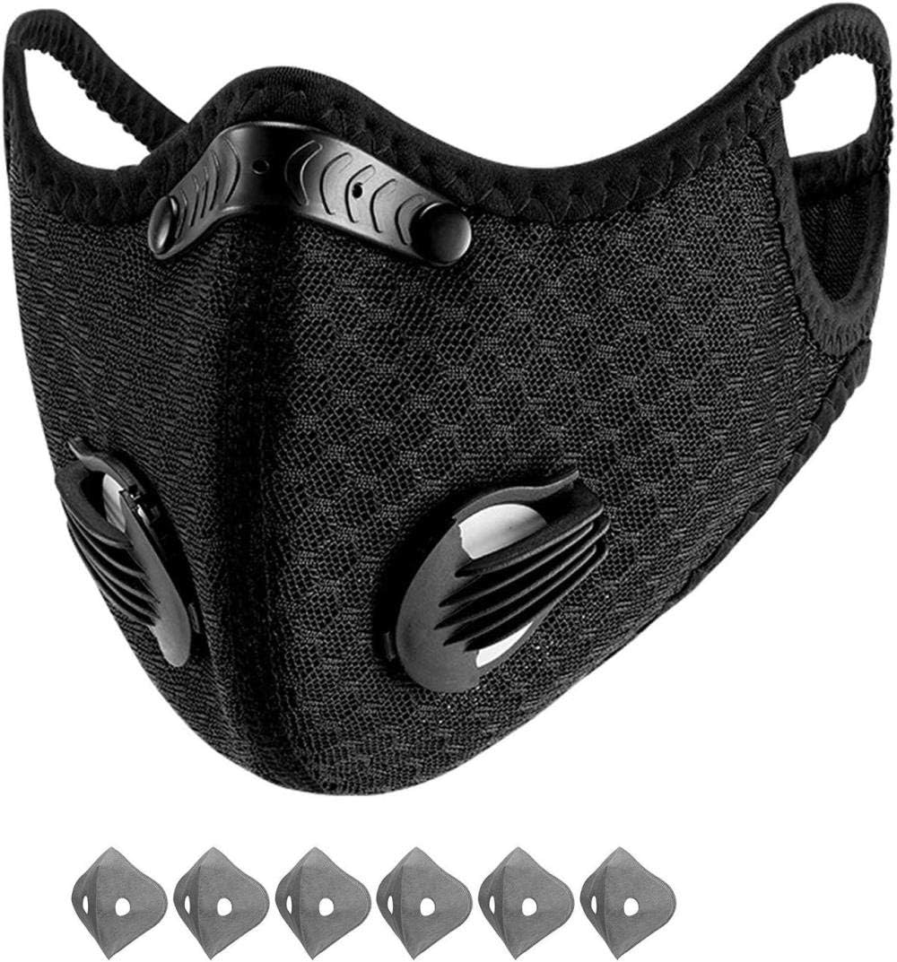 Black Dust Mask Anti-Pollution Sports Mask with 6 Activated Carbon Filters and 2 Valves Dustproof Face Mask Sheet Mask for Motorcycle Cycling