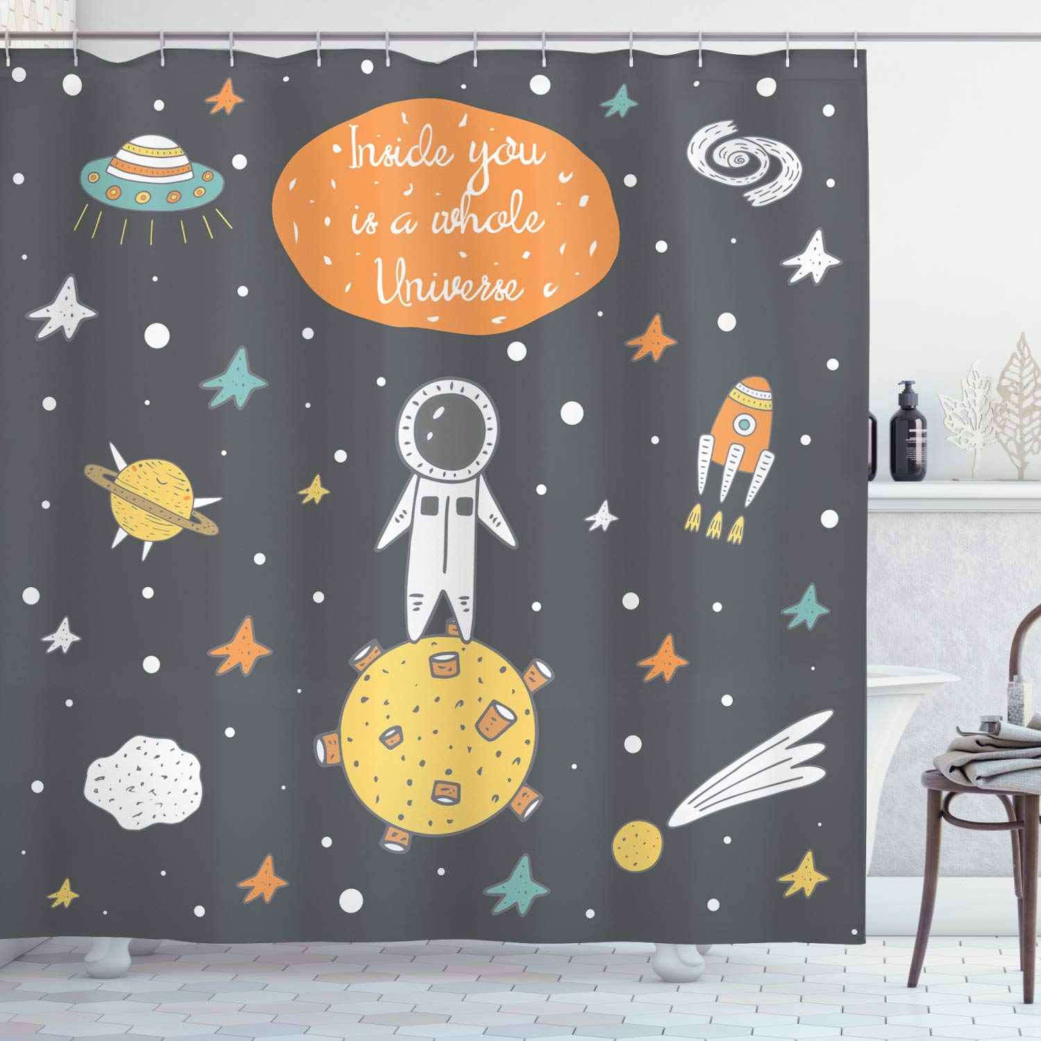 ABAKUHAUS Outer Space Shower Curtain, Doodle Style Astronaut Alien Planets and Spaceships with a Motivational Words, Cloth Fabric Bathroom Decor Set with Hooks, 78 Inches, Multicolor