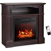 GOFLAME 32" Electric Fireplace with Mantel and Remote Control, Freestanding Mantel Fireplace Heater with 3 Flame Brightness, Thermostat, 6H Timer, Overheat Protection, CSA Certified, 1400W (Brown)