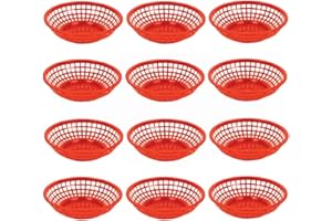 TrueCraftware- 8" Round Fast Food Basket Red Plastic Set of 12- Fry Fast Food Reusable Foodservice Restaurant Diner Tray Plates Restaurant Supplies Deli Serving Chicken Burgers Sandwiches & Fries