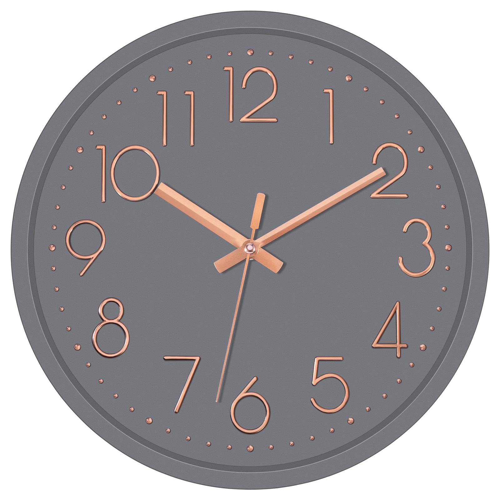 Foxtop Wall Clock 12 Inch Silent Non Ticking - Large Modern Analogue Clock with Grey Dial, Rose Gold Hands & Numbers, Battery Operated Quartz for Living Room, Bedroom, Kitchen