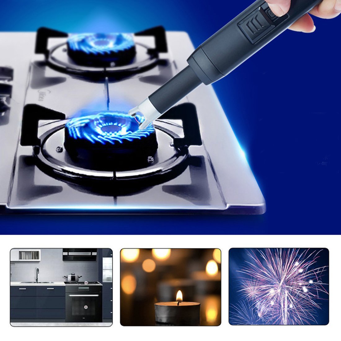 Homate Candle Lighter, USB Rechargeable Lighter with a Hook for Handy Storage, Multi-purpose Electronic Arc Lighter – (B-black)