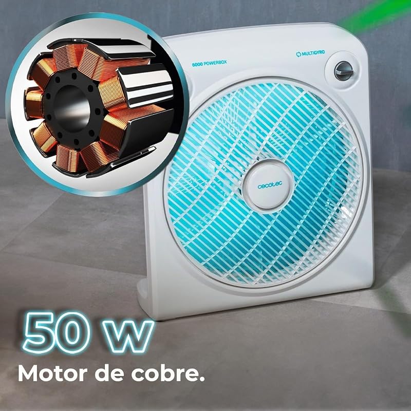 Ventilador de chão branco EnergySilence 6000 Power Box Cool. Motor de cobre, 50W, 12" de diâmetro com 5 pás, grelha rotativa, 3 velocidades, temporizador de 2 horas, uso simples e seguro