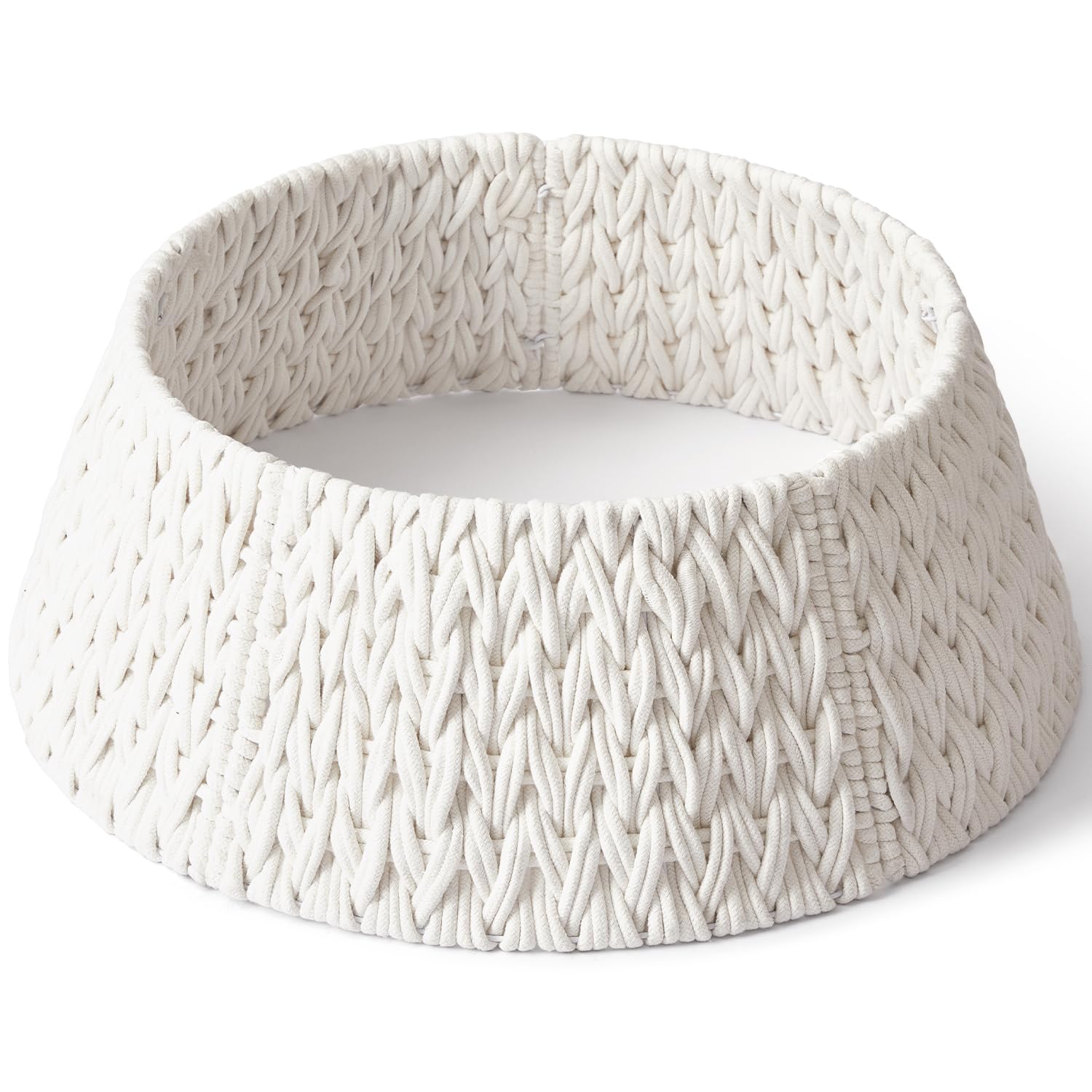 Photo 1 of 28in Woven Christmas Tree Collar, Chunky Cotton Rope Weave Skirt Basket - Elegant Beige Tree Base Cover for 6ft 7.5ft 9ft Artificial Trees - Holiday Decoration, Natural & Stable(White)
