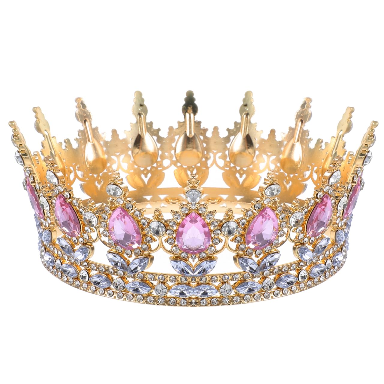 FRCOLOR Baroque Queen Crown, Full Round Rhinestone Crown Vintage Rhinestone Bridal Tiara for Birthday Carnival Party