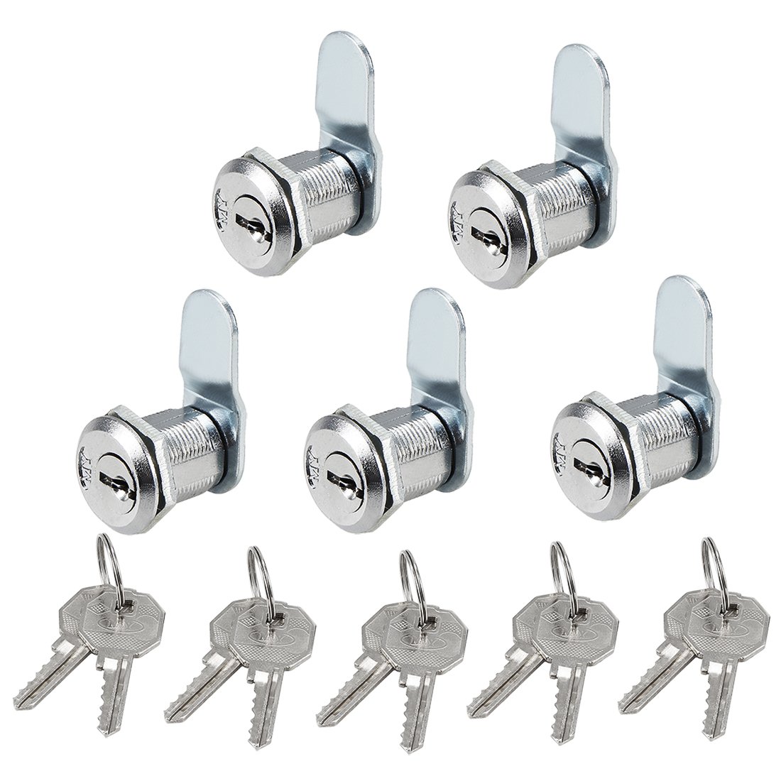 Sourcingmap Drawer Cabinet Cam Lock, 13/16" Cylinder Length with No.10 Cam, Fits on 1/2" Max Panel Thickness, Zinc Alloy Chrome Plated, Keyed Alike, 5 Pack