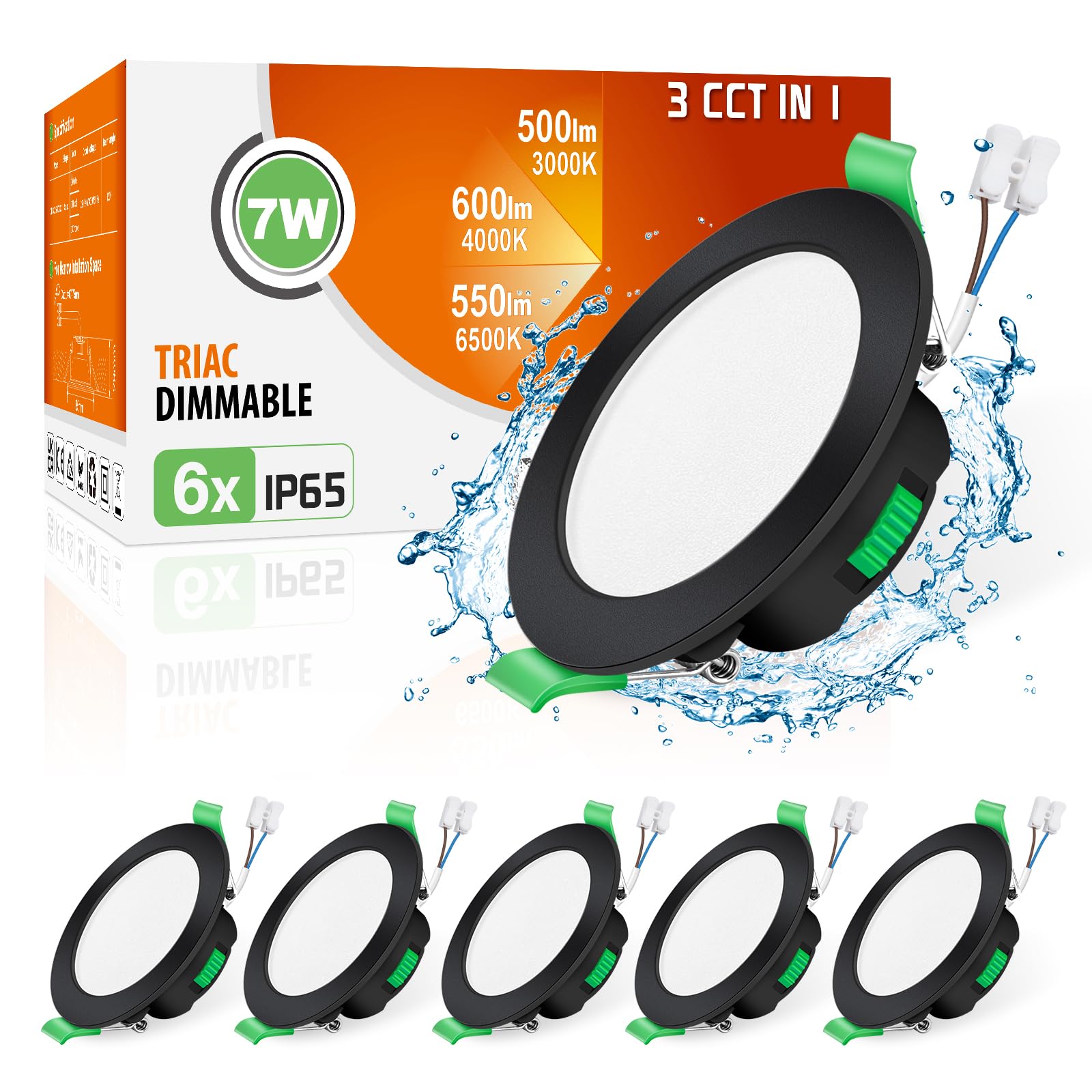 ALUSSO Black LED Downlights Dimmable 7W IP65 Slim Recessed Ceiling Lights, 3CCT 3000K Warm 4000K Neutral 6500K Cool Adjustable Bathroom Spotlights, 6 Pack