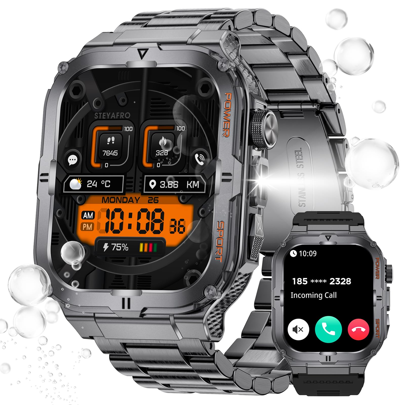 Military Smart Watch for Men with LED Flashlight 3ATM Waterproof 1.96" Big Screen Rugged Tactical Smartwatch with Call Sports Fitness Tracker with Heart Rate Sleep Monitor for iPhone Android (Black)