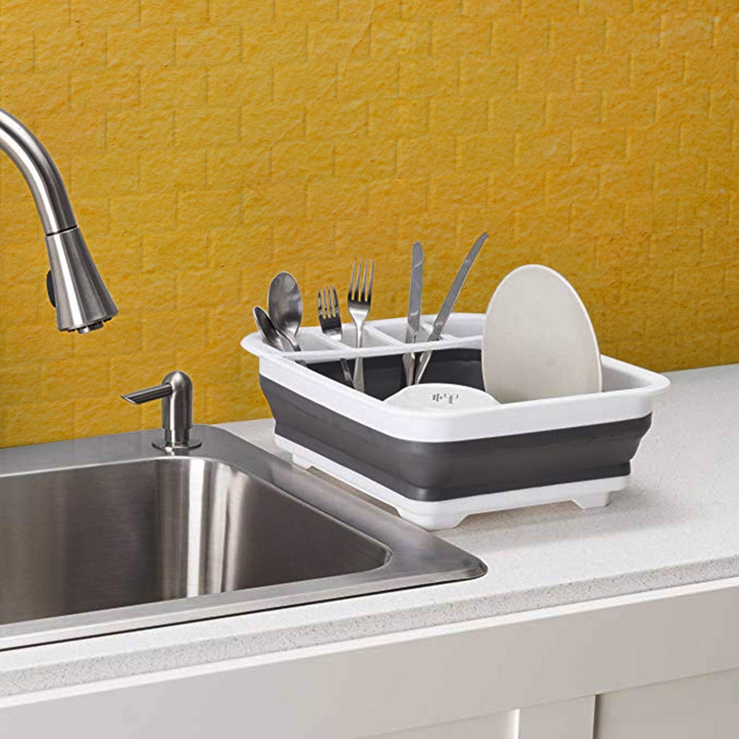Livzing Collapsible Multipurpose Portable Dish Bowl Sink Rack - Foldable Silicone Kitchen Drainer Tub Basin - Water Strainer with Utensil Holder and Serving Tray