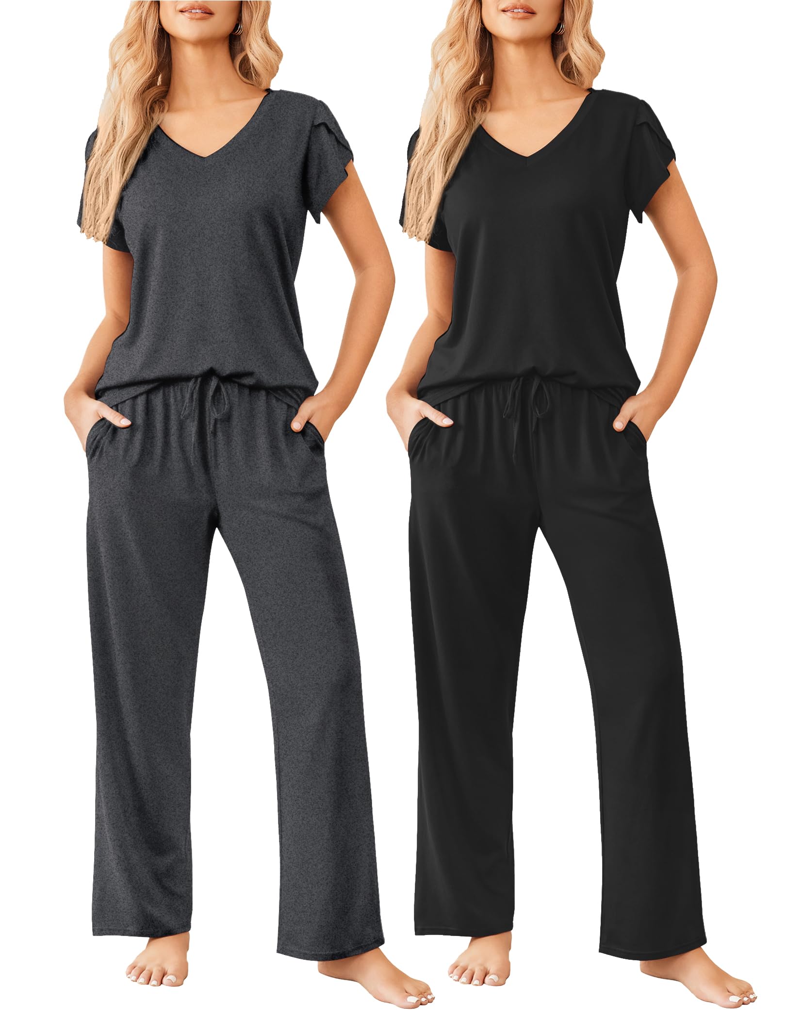 Ekouaer 2 Pack Womens Pajamas Short Sleeve Sleepwear Top with Pants Super-Soft Printed Lounge Sets S-XXL Black/Dark Gray Image