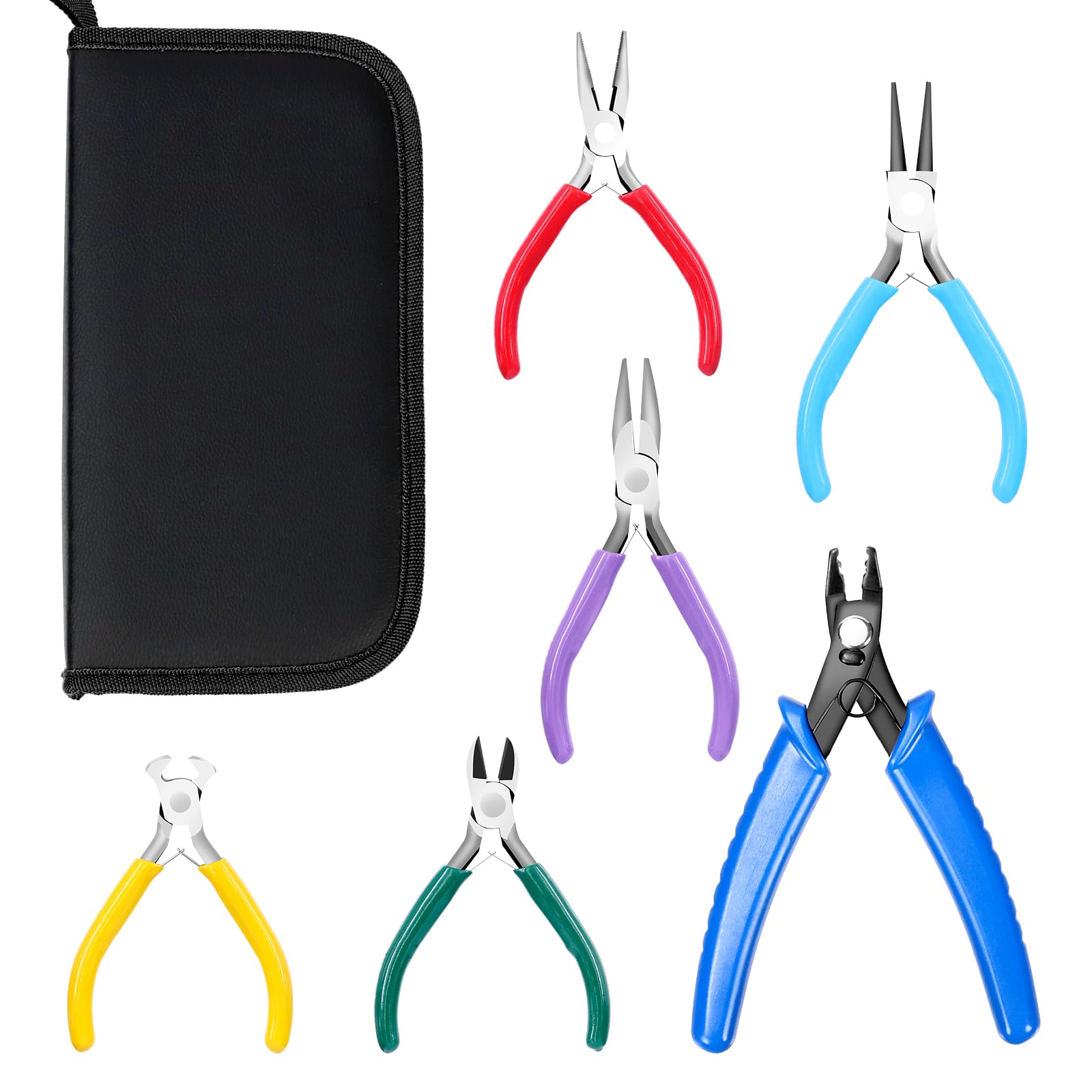 Swpeet 6Pcs Jewelry Pliers Set, 6 Types, 4.5 Inch, Colorful Jewelry Making Tools - Needle Nose, Round Nose, Wire Cutters, Crimping Pliers, Bent Nippers, End Nippers
