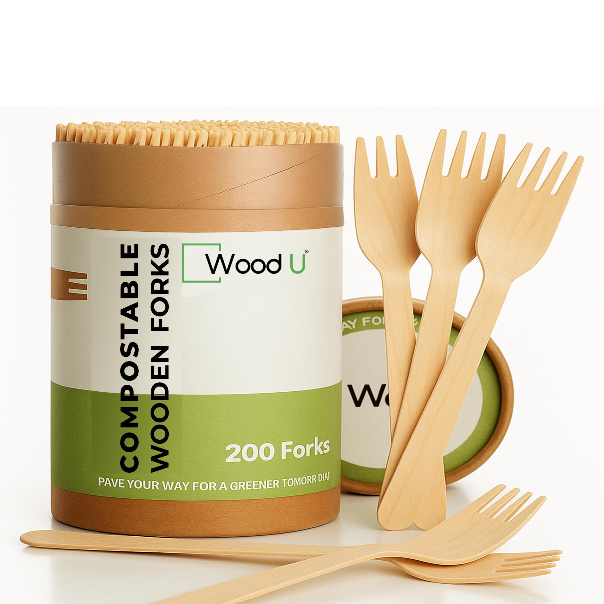 WoodU Disposable Wooden Forks Natural Birch Wood Biodegradable Utensils Cutlery Eco-Friendly Green (200 Pack)