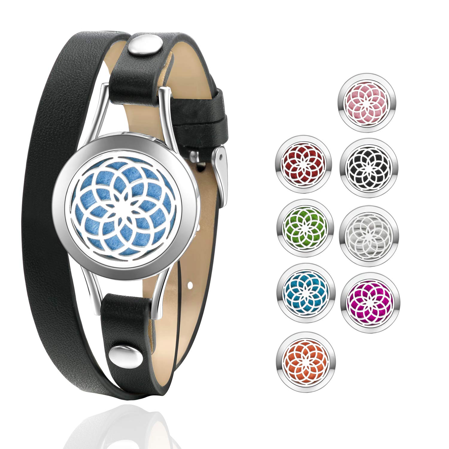 Aromatherapy Essential Oil Diffuser Bracelet Stainless Steel Adjustable Leather Band Charm Bracelet Jewelry Sets with 8 Scent Pads for Boys Girls, Sunflower