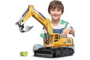 KIDMARKT 21" Large Remote Control Excavator Toy with Metal Bucket & Dozer Blade, 15-Channel RC Excavator Toys for Boys 6+ Kids Construction Vehicles Christmas Birthday Gift 2024, 120+Mins/Spray/Sound/Light