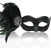 LCKRVOL Masquerade Mask for Women with Stick, Shiny Women's Feather Mardi Gras Venetian Mask for Prom Ball Costume Party