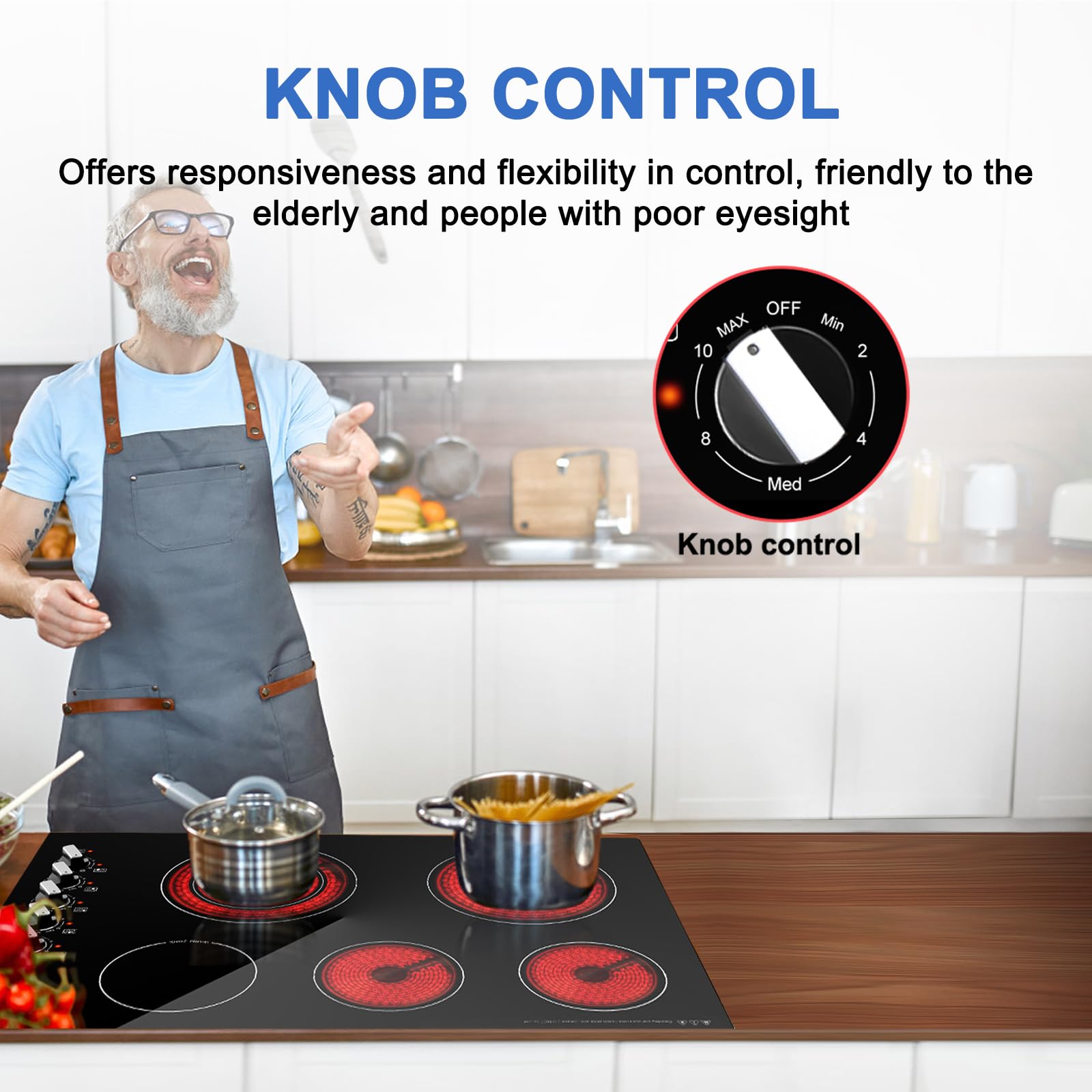 30 Inch Electric Cooktop, 5 Burners Built-in Cooktop, 7300W Knob Control Electric Stove Top with 11 Power Levels, Safety Lock, Dual Ring, Heat Retention Function, Hot Surface Indicator