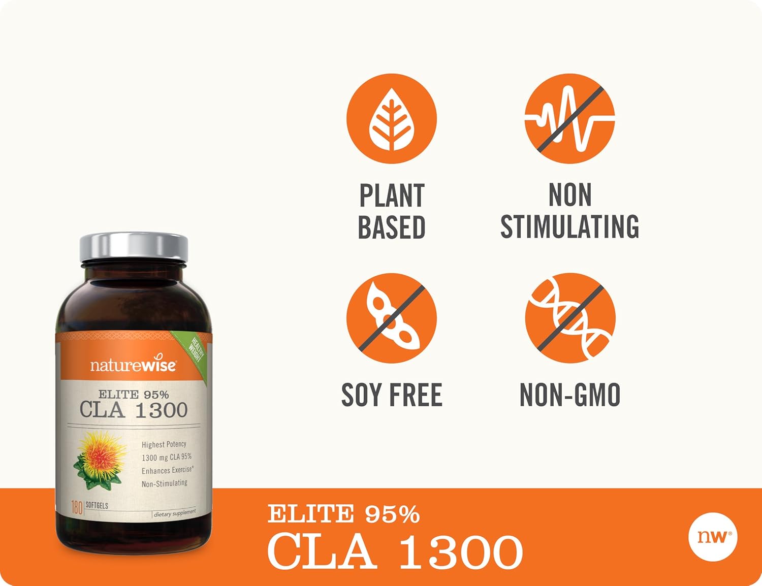 NatureWise Elite CLA 1300 Maximum Potency | 95% CLA Safflower Oil Health Supplements | Natural Fat Burner Improve Body Composition | Non-Stimulating Formula & Gluten Free [2 Month Supply - 180 Count]: Health & Personal Care