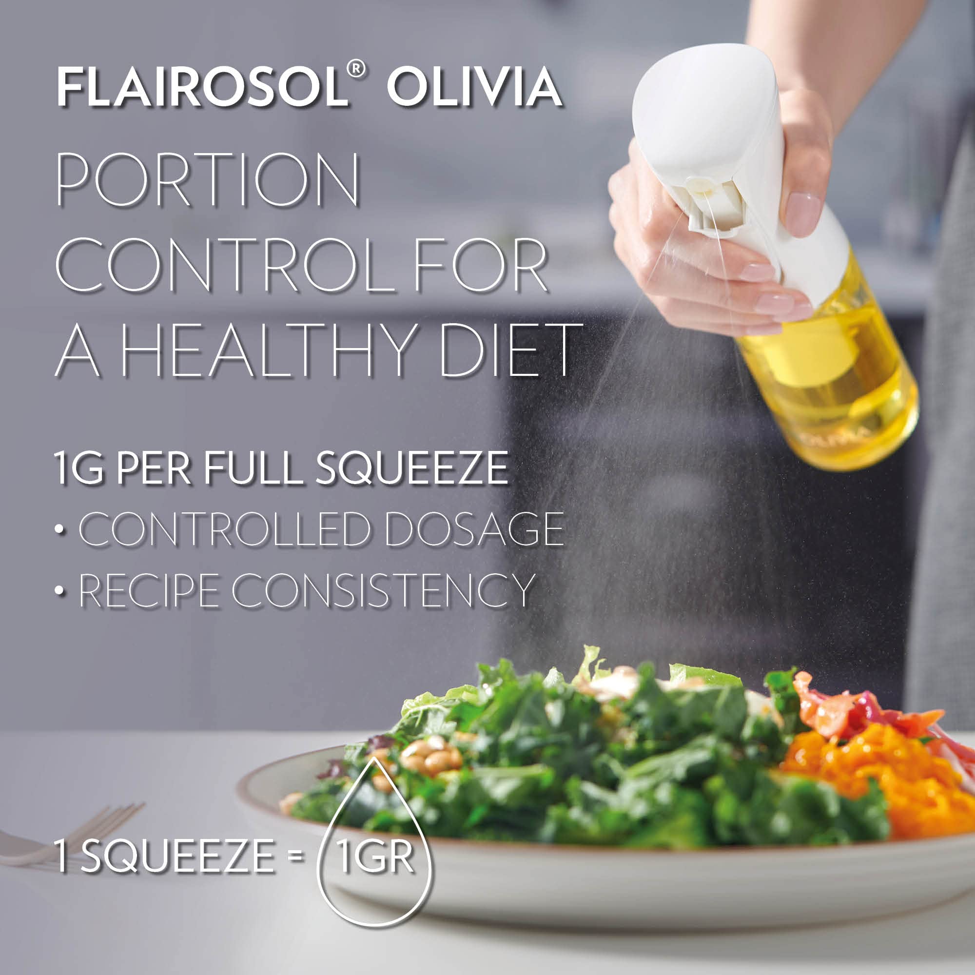 FLAIROSOL OLIVIA. The Original Advanced Oil Sprayer for Cooking, Kitchen, Salads, BBQs, Continuous Spray with Portion Control, 130ml Glass Olive Oil Sprayer(White Print)