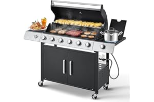 MELLCOM Upgraded 60,000 BTU Stainless Steel Burner Barbecue Grill, 6 Burner BBQ Propane Gas Grill with Side Stove & Cast Iron Grates for Patio, Camping, Outdoor Cooking